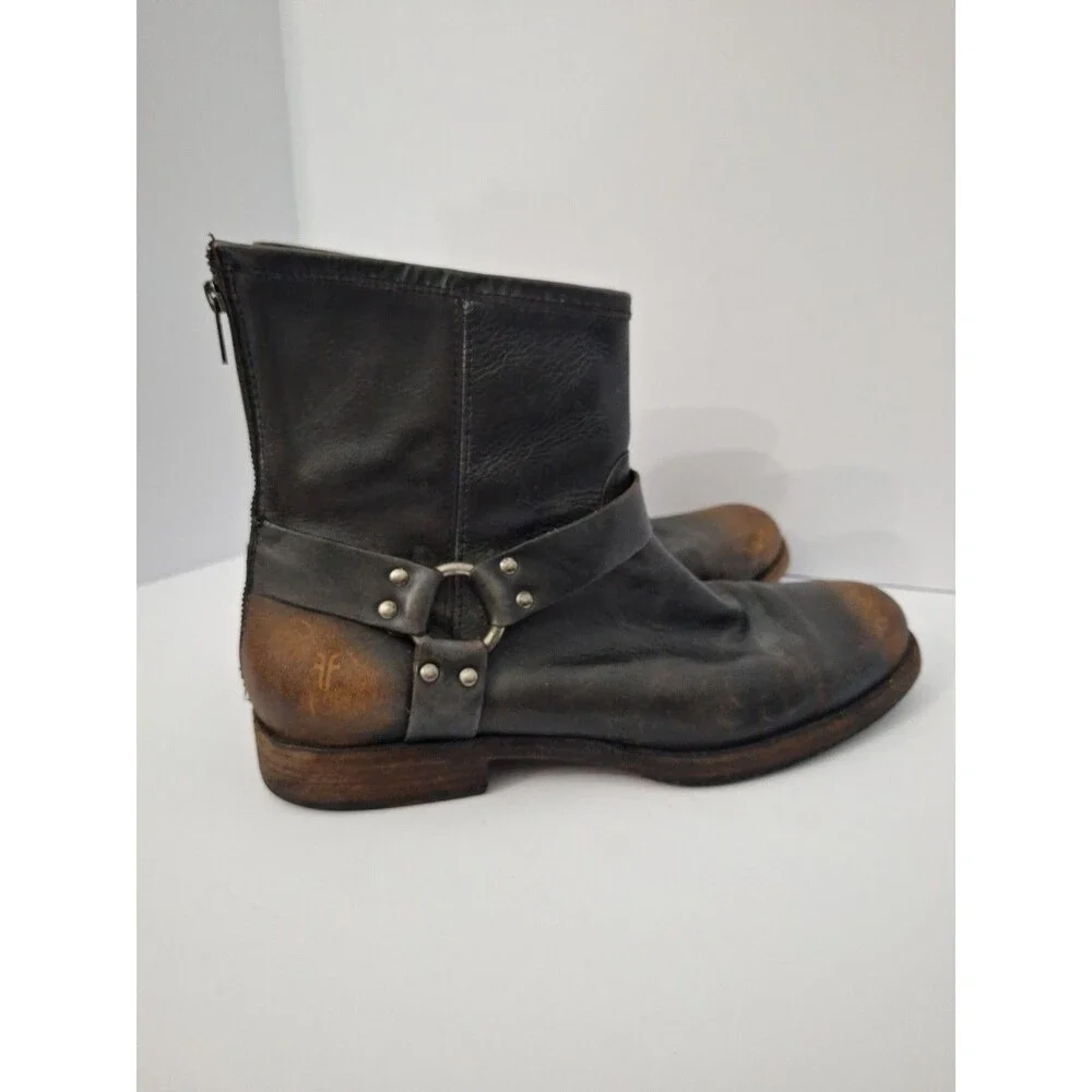Vtg Frye Antiqued Black Leather Motorcycle Harness Boot Ankle Zip Up Mens 13 D